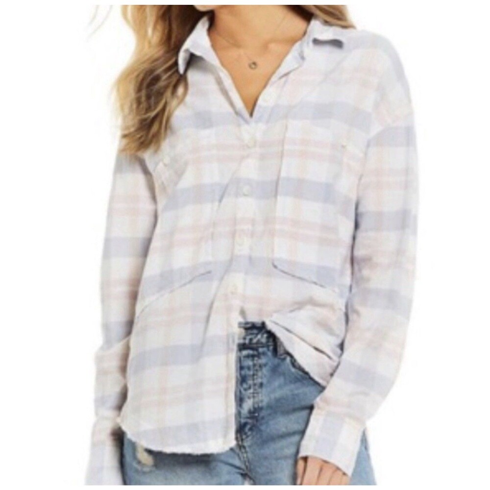 free people loveland button up shirt women's 80s pastel plaid oversized medium
